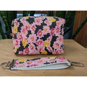Embroidered MAKEUP Cosmetic Toiletries Pink Daffodils + Matching Key Fob SET